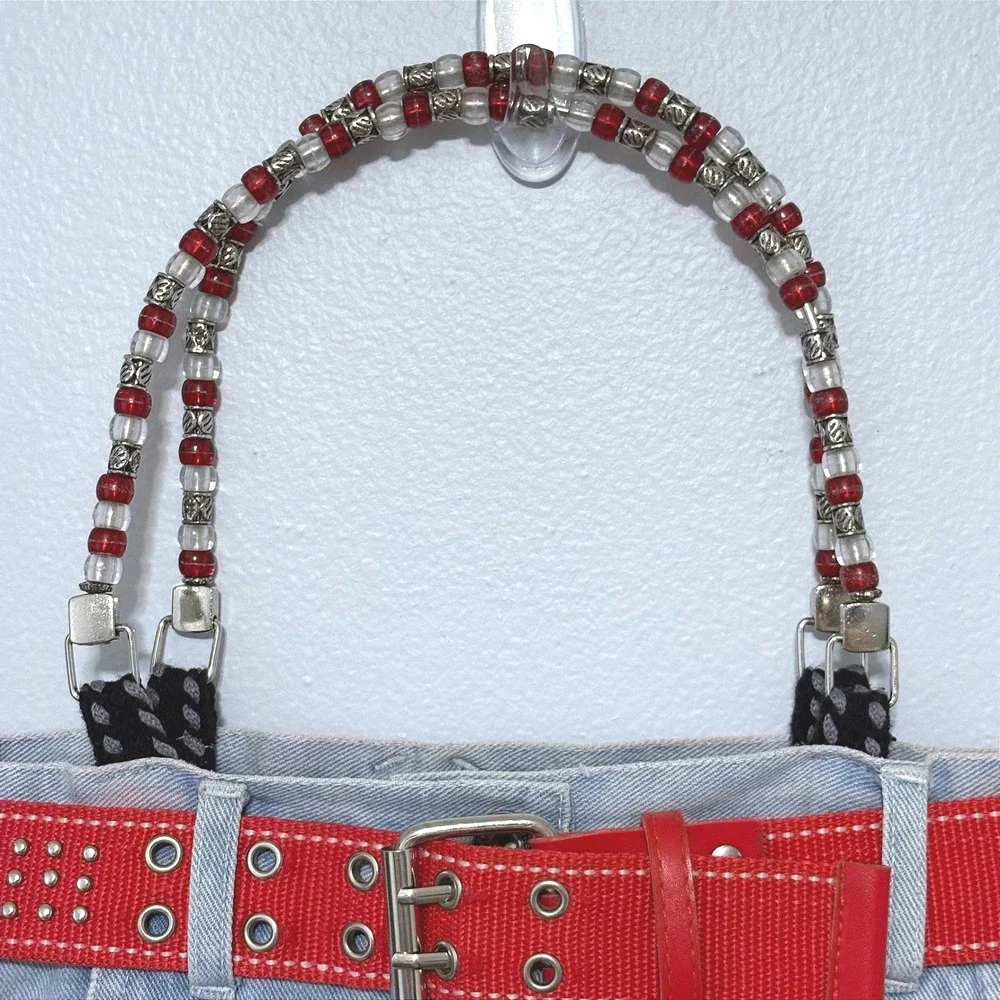 Handmade Upcycled Denim Jean Bag Red Studded Belt‎ Beaded Handles Heart Charm